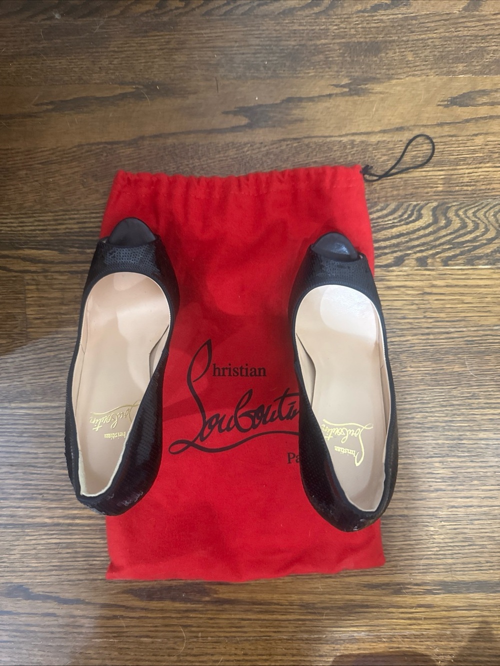 Christian Louboutin Black Sequin Peep-Toe 4” Heels/Size 7/NIB/NEVER WORN!